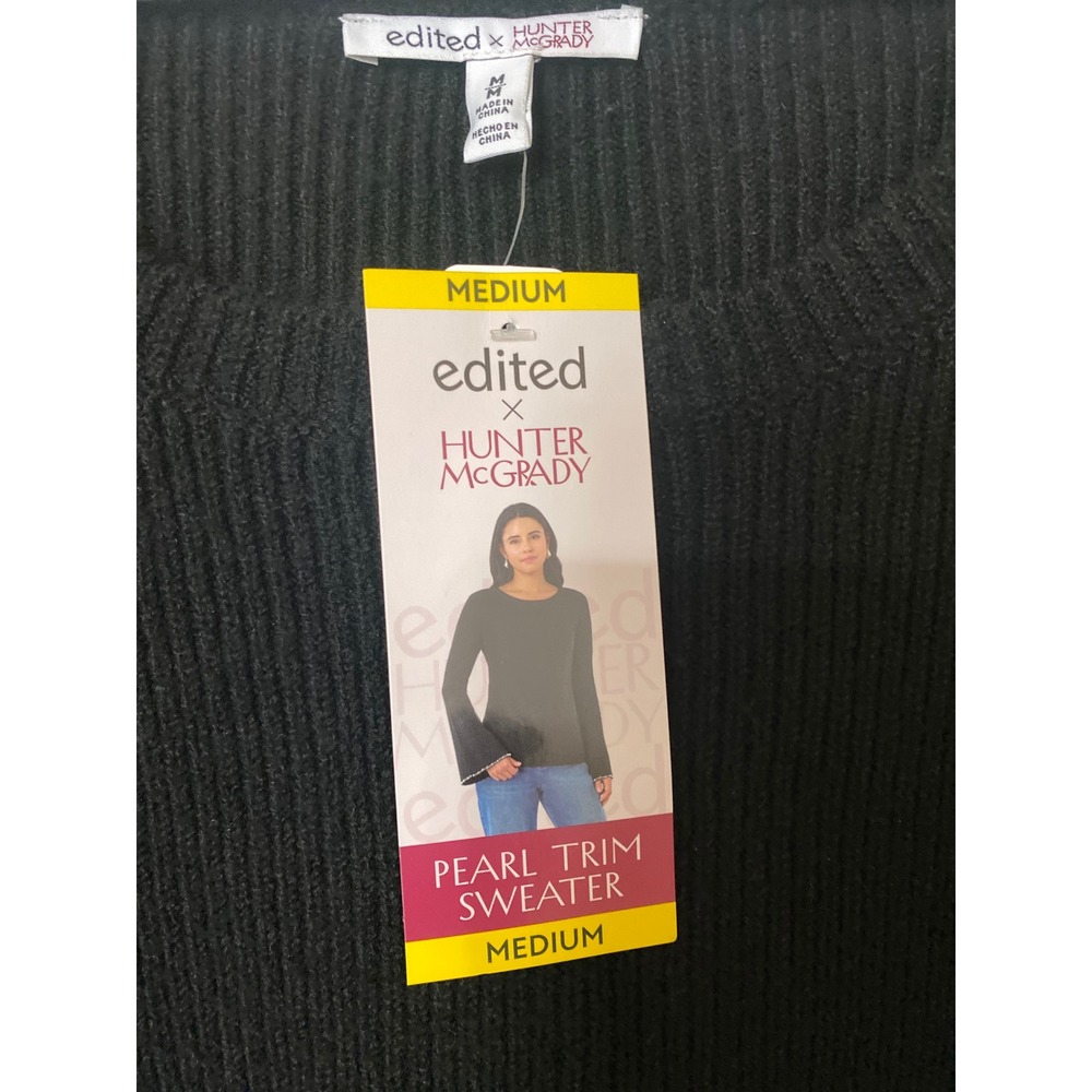 Edited x Hunter McGrady Black Ribbed Pearl Trim Sweater Bell Sleeve Size M NWT - Picture 2 of 7